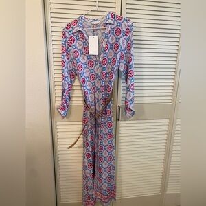 Zara Light Blue Printed Long Sleeve Maxi Dress with Red Motifs